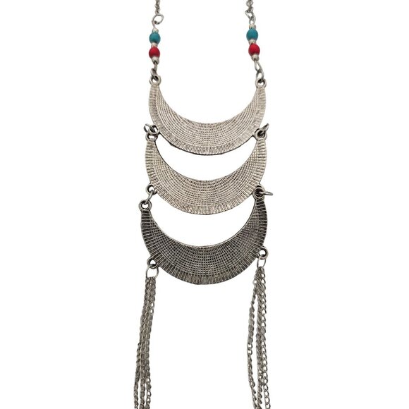 Bohemian Silver-Tone Crescent Pendant Necklace Turquoise & Red Beads 18" READ - Picture 6 of 6